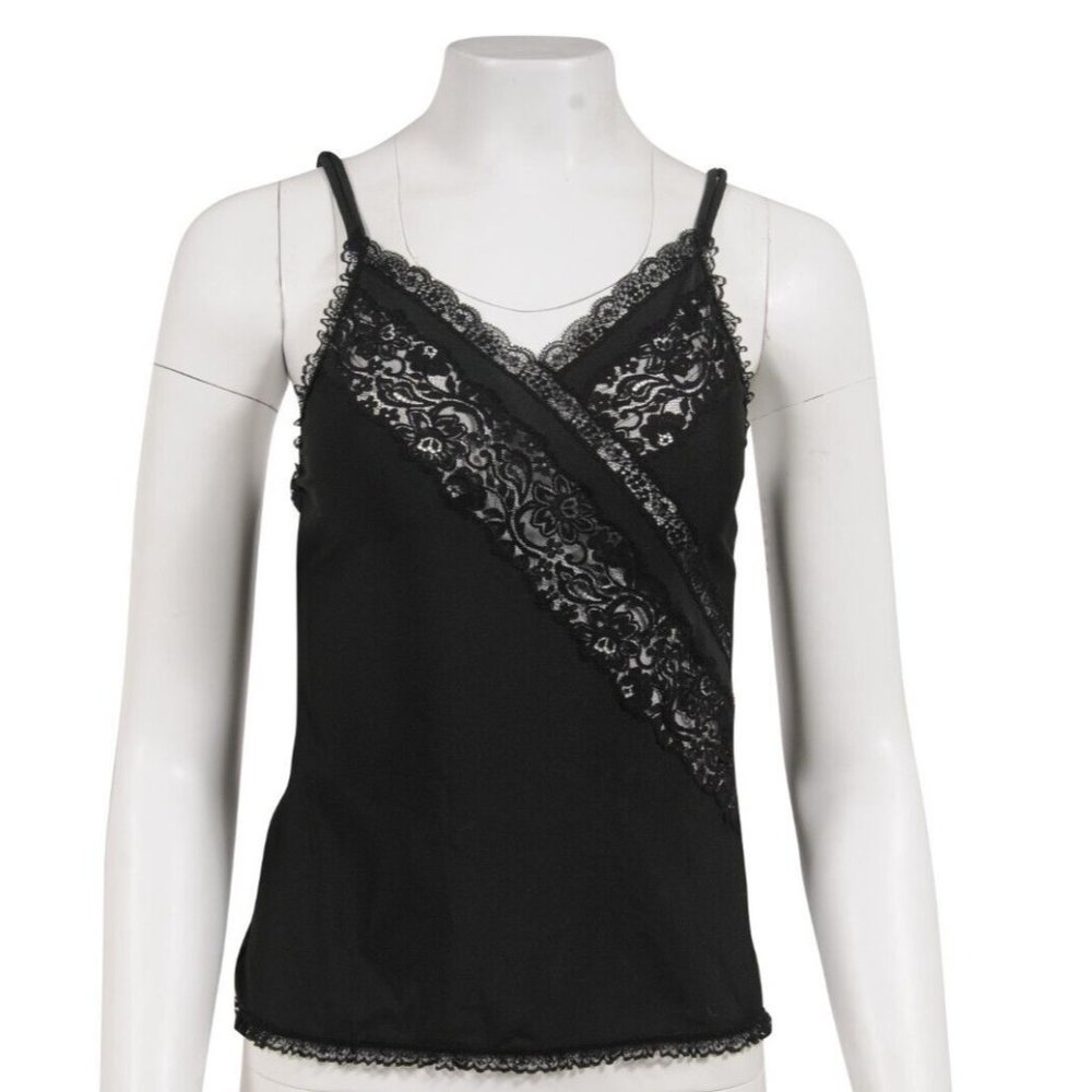 Balenciaga Womens Camisole Size 36 Black Ruffle Semi Sheer Lace Stretch Tank Top